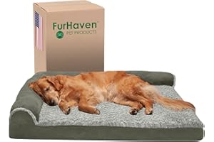 Furhaven Orthopedic Dog Bed for Large Dogs w/ Removable Bolsters & Washable Cover, For Dogs Up to 95 lbs - Two-Tone Plush Faux Fur & Suede L Shaped Chaise - Dark Sage, Jumbo/XL