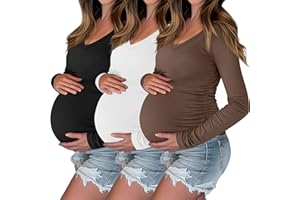 Ficerd 3 Pack Womens V Neck Maternity Shirts Long Sleeve Side Ruched Tops Basic Tunic Tshirt Winter Pregnancy Clothes