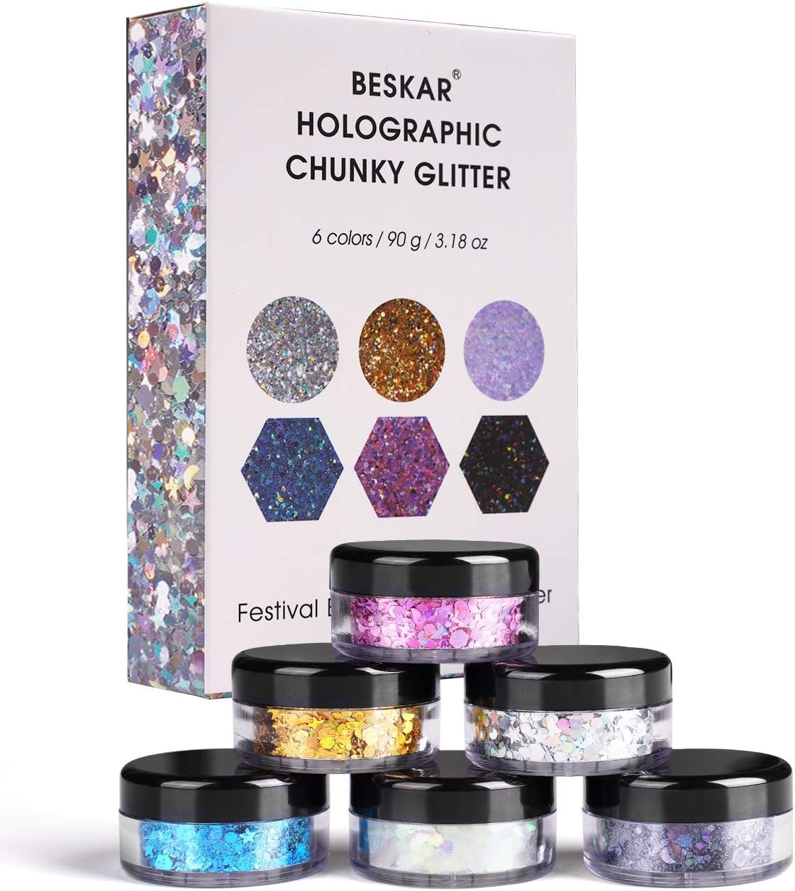 Holographic Chunky Glitter, 90g / 3.2oz Makeup Glitter Set for Face Body Nail Hair Eyes, Fine Cosmetic Chunky Glitter Mix of Stars, Moon, Hexagons, Dot, Dust, Ideal for Festival, Rave, Costume