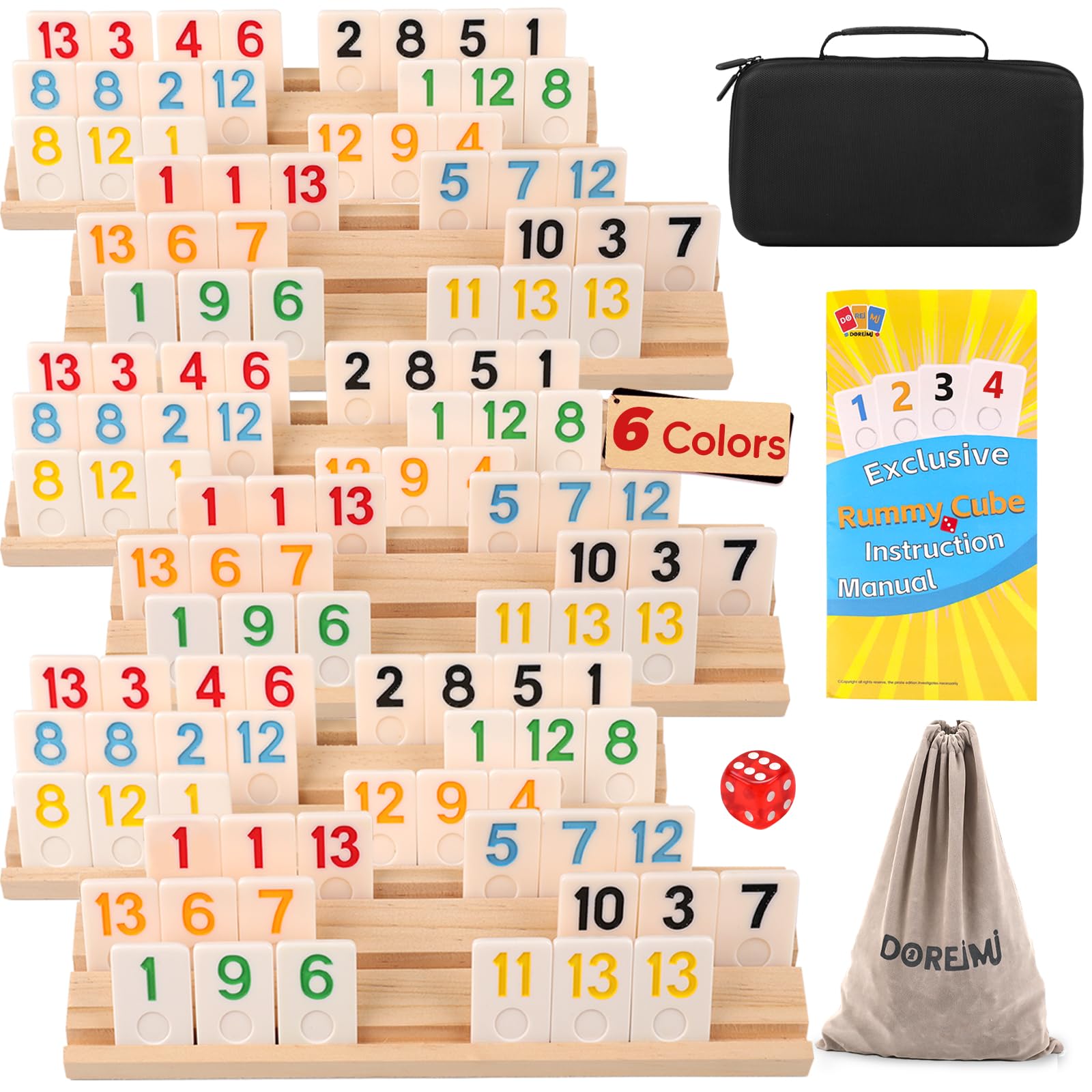 Doreimi Premium Rummy Cube Game Set 6 Colors with 6 Wooden Holders and 162 Rummy Tiles, Travel Family Board Game for Adults and Kids Age 8+,Birthday Gifts for Women Men Dad Mom Image