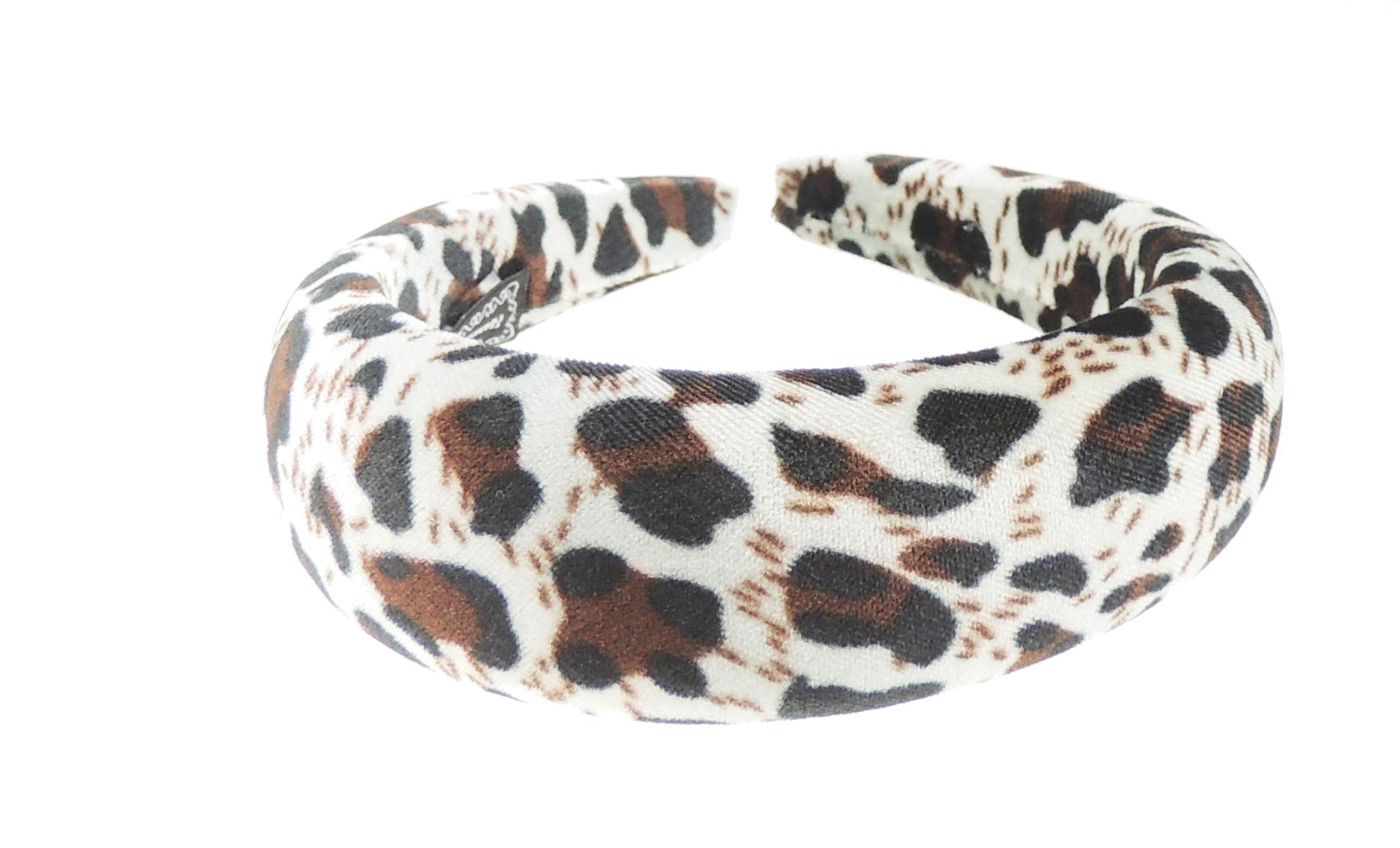 Womens Puffy Wedding Bridal Party Birthday Christmas Evening Wide 4cm Thick High Bump Padded Velvet Velour Hair Hairband Accessories Headband Alice Band Animal Cat Leopard Cheetah Print (Grey Brown)