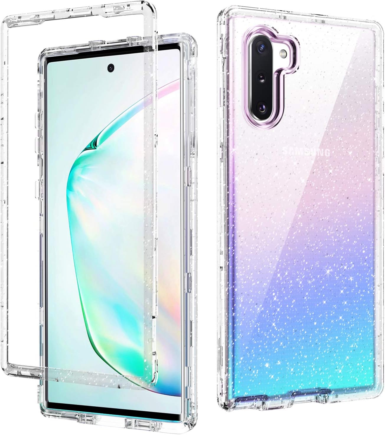 DOMAVER Galaxy Note 10 Case Glitter, Samsung Note 10 Case Three Layer Heavy Duty Hybrid Hard PC Flexible TPU Bumper Shockproof Phone Case Cover Clear Note 10 Protective Case with Silver Flake Design