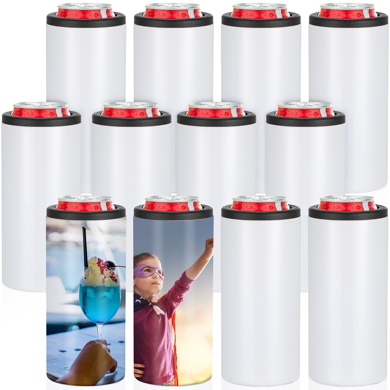 Photo 1 of (PARTIAL SET) Yuxung 12 Pack Sublimation Can Cooler Blank Skinny 12 oz Graduation summer White Can Holder Insulated Stainless Steel Bottle Slim Beer Drink Tumbler Holder with Brush Coaster Wedding End of Year Gift