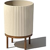 Veradek Demi Series Round Planter w/Stand for Porch/Patio | Durable Plastic-Stone Composite & Wooden Stand | Modern Décor for