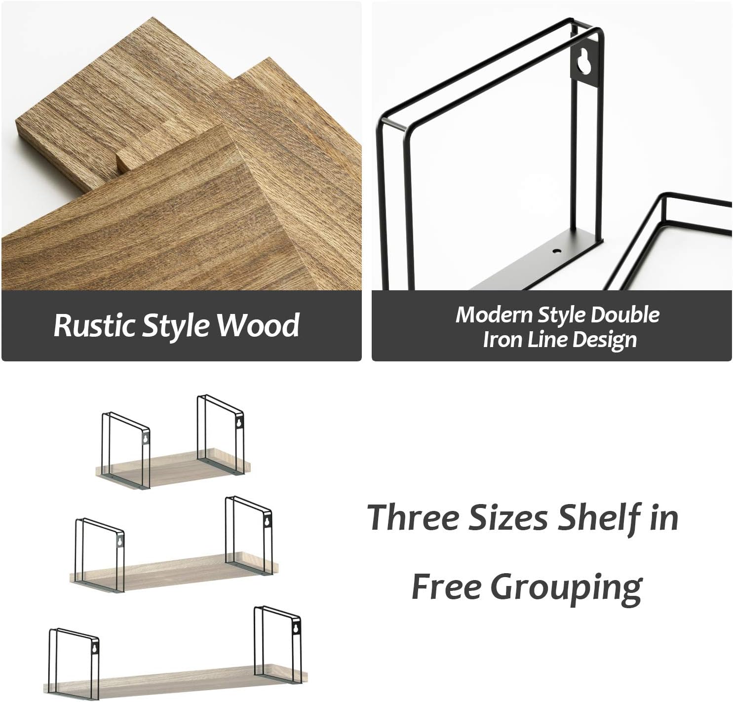 SRIWATANA Rustic Floating Shelves, Wood Wall Shelves Set of 3, Wall Mounted Hanging Shelves for Bedroom, Living Room, Kitchen, Bathroom, Carbonized Black: Home & Kitchen