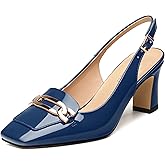 GOFOURTHAT Women's Pumps Slingback Chunky Block Heels Square Closed Toe Strappy Patent Pumps Comfortable Casual Party Dress Shoes 2.5 Inch Navy Blue Patent Size 7