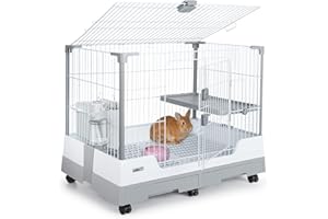 OIIBO Deluxe Rabbit Cage, 32" × 21" × 26" Large Space Bunny Cage Foldable Small Animal Cage with Pull Out Tray and Caster Platform, Professional Household Anti-Spray Urine Rabbit Cage Hutch Indoor