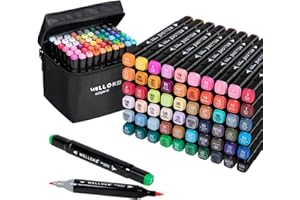 WELLOKB Alcohol Markers Set, 60 colors Alcohol Based Dual Tip, Fine and Brush Tip for Adult Coloring Books, Drawing, Sketching