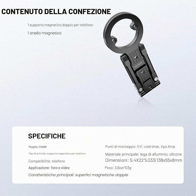 Supporto Treppiede Telefono Magnetico, Maniglia Cellulare in Metallo con Filettatura 1/4", Cold Shoe e Tipo Arca, Compatibile con MagSafe iPhone Samsung Huawei Android per Video, PA098