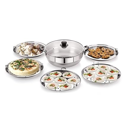 BMS Lifestyle Big 5-in-1 Induction Friendly Stainless Steel Multi Kadhai for Cooking idli,