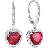 FJ Heart Dangle Drop Earrings 925 Sterling Silver Halo Leverback Earrings Birthstone Jewelry for Women