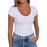 PALINDA Women's V Neck Fitted Shirts Basic Casual Stretchy T Shirt Short Sleeve Summer Tops
