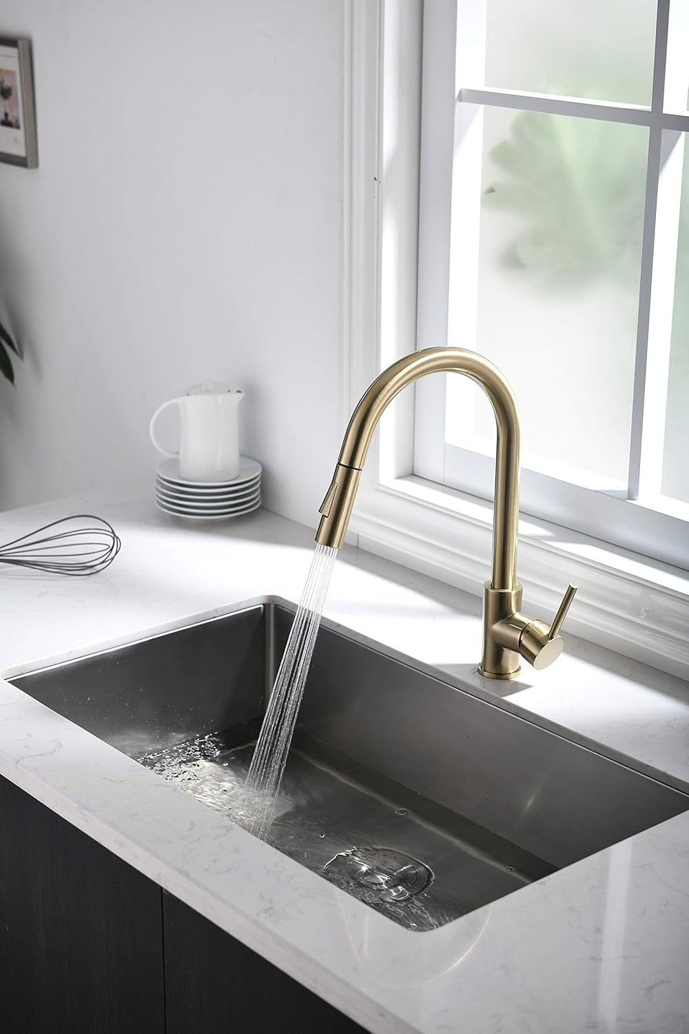 Kitchen Faucet With Pull Down Sprayer Havin Hv601 Single Handle Brass Material Kitchen Sink Faucet With Pull Out Sprayer Brushed Gold Color Fit For 1 Hole And 3 Holes Deck Mount Commercial Bathroom Sink