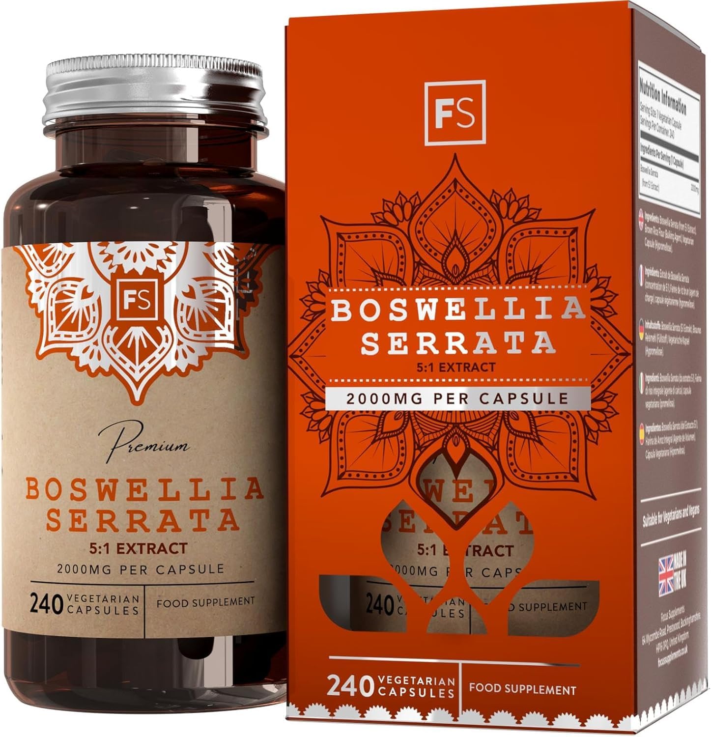 FS Boswellia Serrata Capsules | 240 Boswellia Serrata Extract High Strength Capsules - 2000mg per Serving | Frankincense Resin Supplement | Non-GMO, Gluten & Allergen Free | Made in The UK