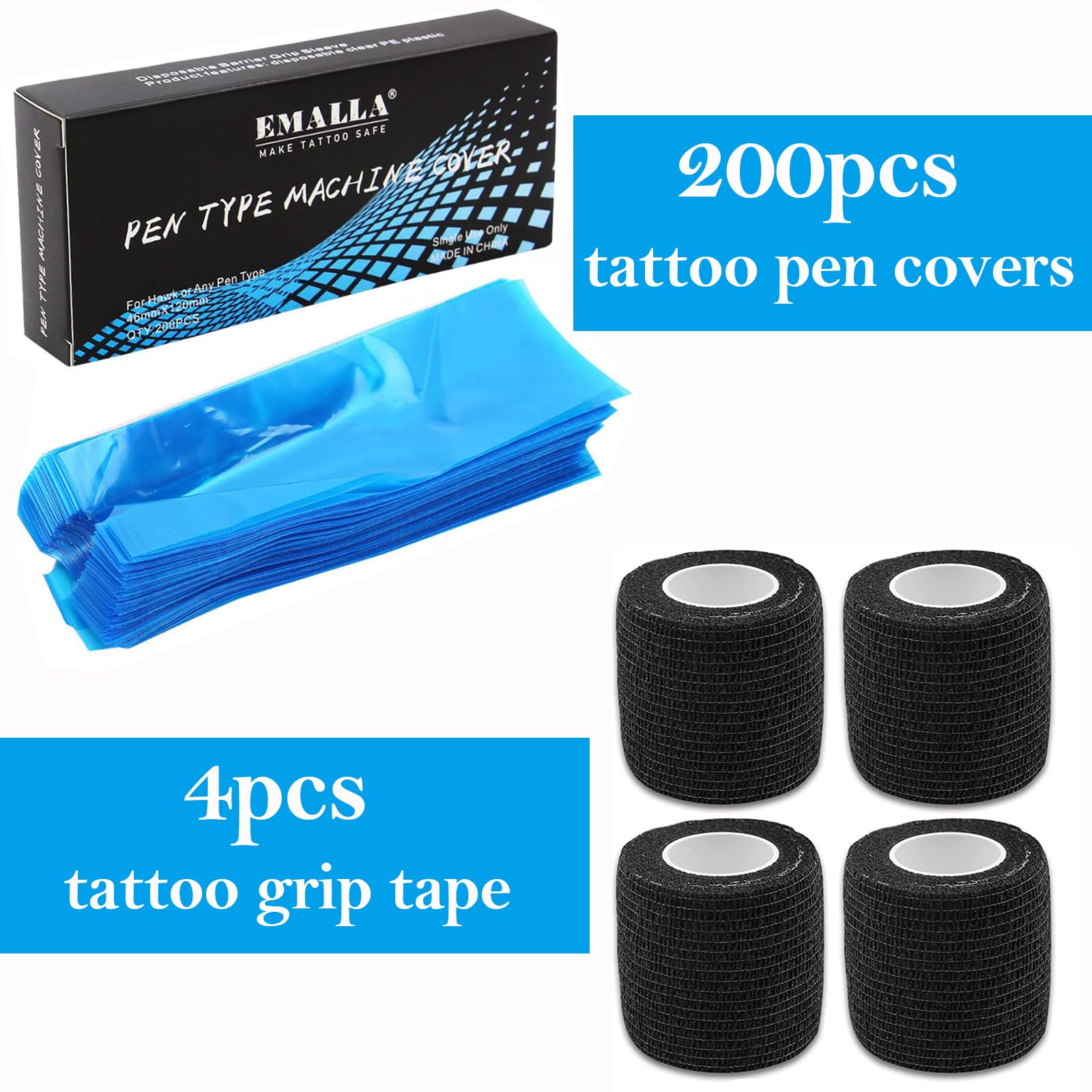 200pcs Machine Covers and 4pcs Grip Tape, Urknall Tattoo Pen Covers Grip Cover Barrier Sleeves Professional Tattoo Supplies