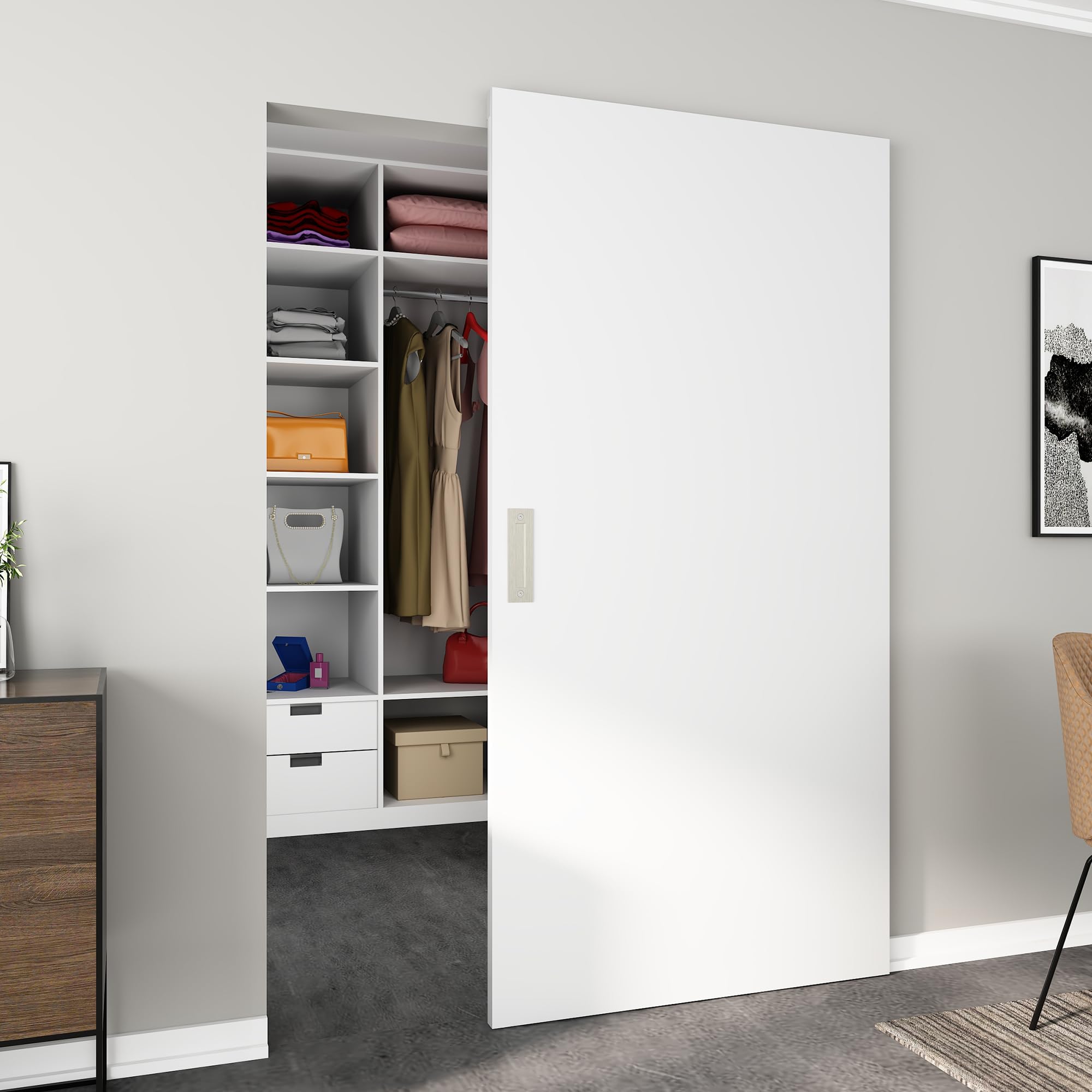 Photo 1 of ****TRUCK PICKUP***JUBEST 42"x84" Flush Solid Core White Primed Concealed Sliding Hidden Barn Door with Soft Close Installation Hardware and Double Sided Pulls Included