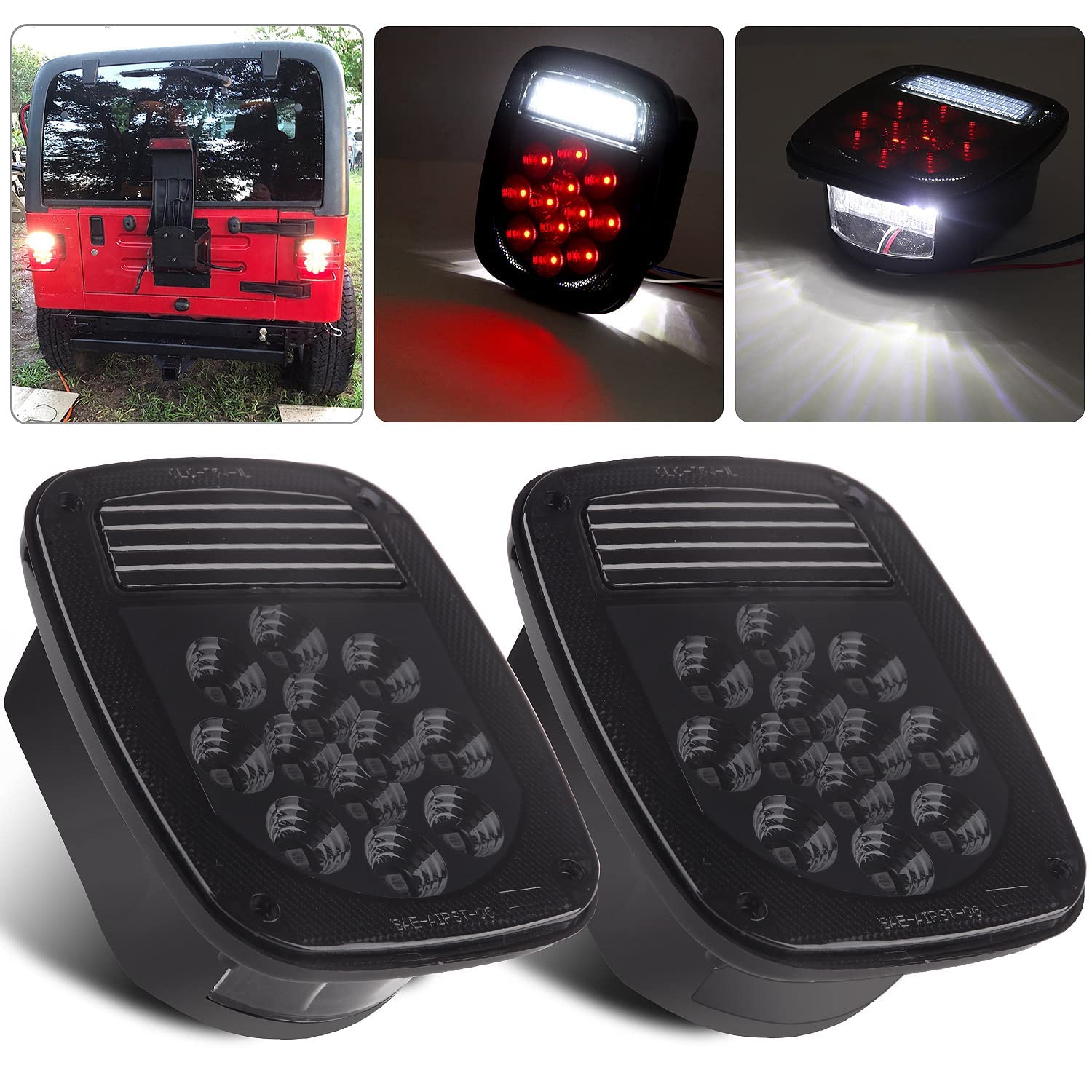 Photo 1 of 2Pcs Smoked Universal Rear Square Combination 39 LED Signal Tail Lights w/License Plate and Backup Reverse Lights Flatbed Trucks Brake Stop Turn Tail Light for Wrangler CJ TJ YJ Tail Lights Assembly