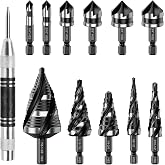 MABLEVI 12 Pcs HSS Four Spiral Flute Step Drill Bit &amp; Countersink Set | TiN Coating, Precise Scale Marks,5 Step Bit+6 Countersink Bit, 1/4" &amp; 3/8" Hex Shank, for Metal, Wood, Plastic, Storage Case