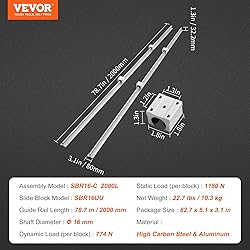 VEVOR Linear Rail, 2PCS SBR16-2000mm, Linear Guide