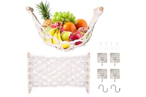 Fruit Basket Hammock Under Cabinet Adhesive, Woven Vegetable Hanging Basket, Fruit Storage for Kitchen with Banana Hook, Mesh