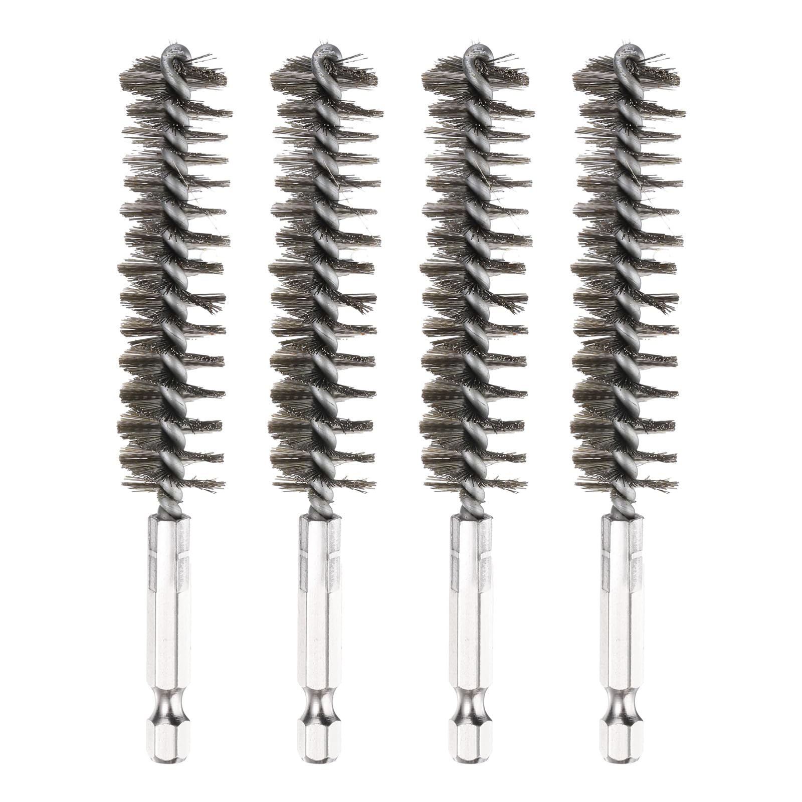 PATIKIL 17mm Dia Bore Brush, 4Pcs Stainless Steel Twisted Wire Cleaning Brush Pipe Cleaner with 1/4 Inch Hex Shank for Tubes, Ports, Bearings, Drill Driver, Silver Tone