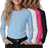LessonZoo 4 Pack Girls Long Sleeve Shirts Kids Thermal Basic Tops Fleece Lined Crewneck Trendy Fall Layering Tees 5-14 Years