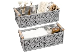 HOSROOME Macrame Storage Basket Boho Decor Baskets for Organizing Woven Decorative Countertop Toilet Paper Tank Top Home Bedroom Nursery Livingroom Entryway (Set of 2,Grey)