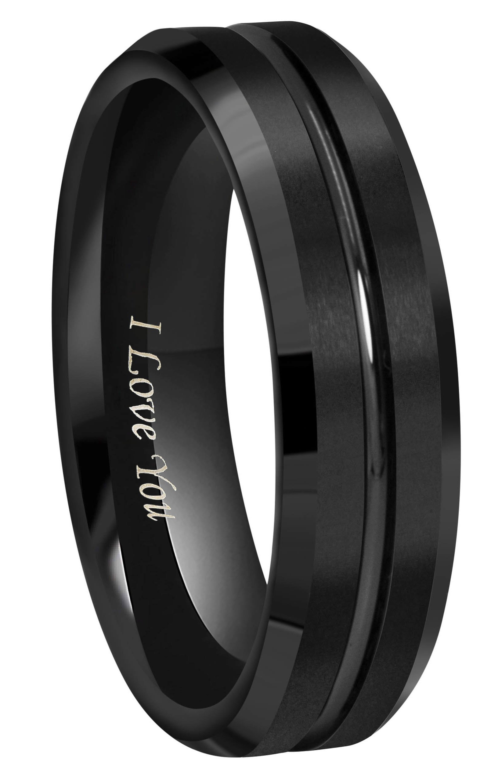 CROWNAL Anillo de boda de tungsteno negro de 0.157 in, 0.236 in, 0.315 in, bordes biselados, centro ranurado pulido, grabado I Love You, tamaño 3,5 a 17 (0.157 in, 12)