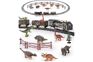 IFANFACE Dinosaur Toy Train Set, Electric Steam Engine with Light & Sound, Include 6 Dino Figures & Accessories, Miniature Animals Toy Cake Topper Bulk Toddler Stocking Stuffers Gift for Ages 3 & Up Boys Girls