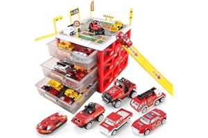 WISHTIME Parking Lot Car Garage Playset Matchbox Cars playsets,Vehicle Toy Fire Car Storage Box Toys Set Educational Gift with 6 Fire Trucks, Ramps, Traffic Signs for Kids