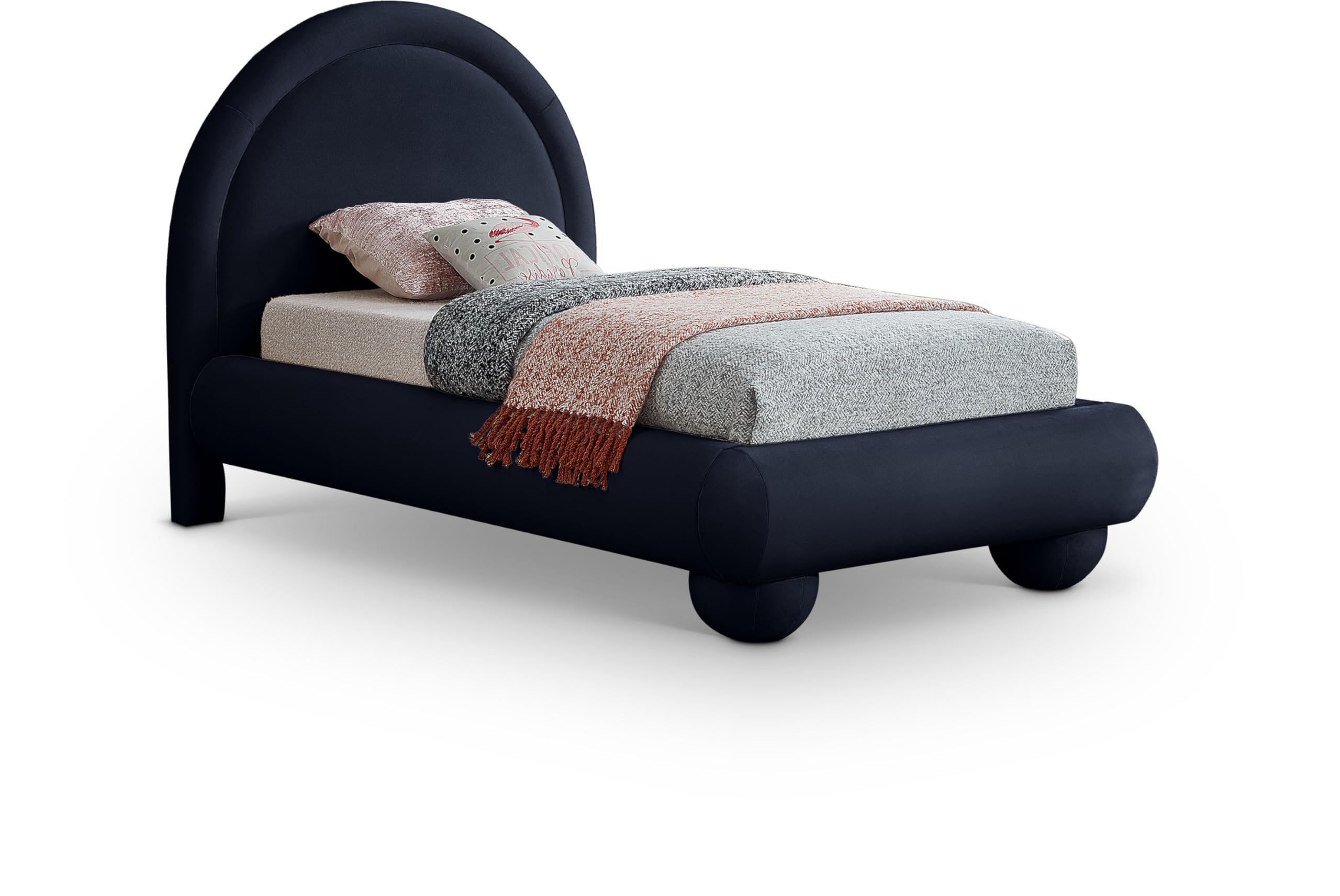 Photo 1 of ****PARTIAL SET****Meridian Furniture MadridNavy-T Madrid Collection Art Deco Twin Bed with Ultra Luxe Navy Blue Velvet, Solid Eucalyptus Wood Inner Frame, Ball Shaped Legs, 53.5" W x 86.5" D x 51.5" H, Navy, Twin