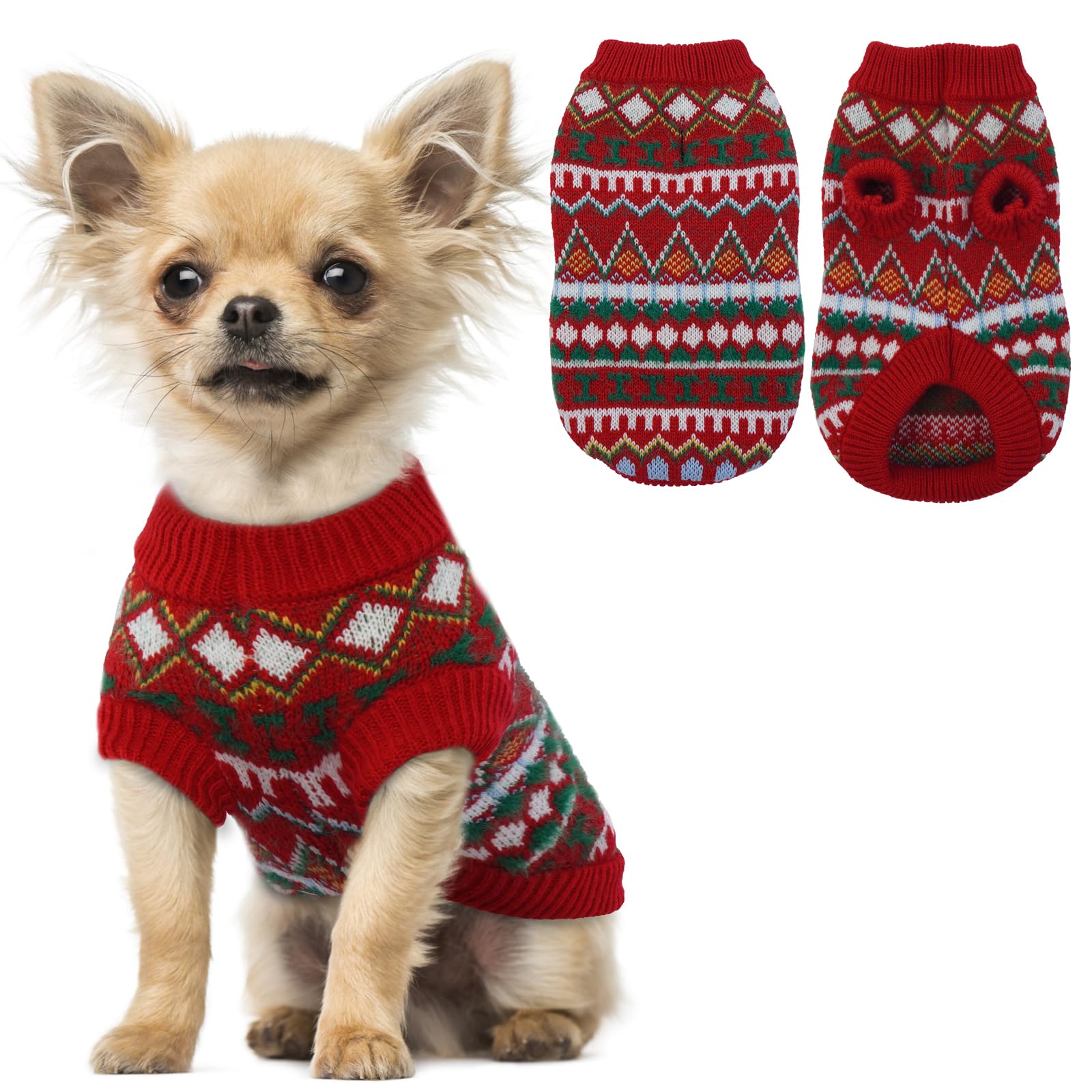 Hjumarayan Dog Jumper - Boho Dog Jumpers Small Medium Large, Knitted Christmas Sweater with Harness Hole, Thick Warm Winter Clothes for Mini Dachshund, Toy Poodle, Poinsettia S — image 1