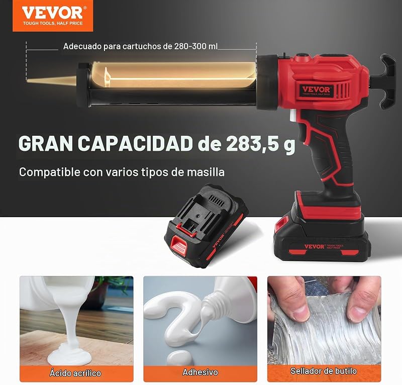Pistola de Cartucho Inalámbrica de 300 ml Pistola de Calafateo Eléctrica de 20 V Pistola de Silicona con Batería de 2,0 Ah Cargador Rápido Antigoteo 4 Velocidades para Calafatear, Llenar, Sellar