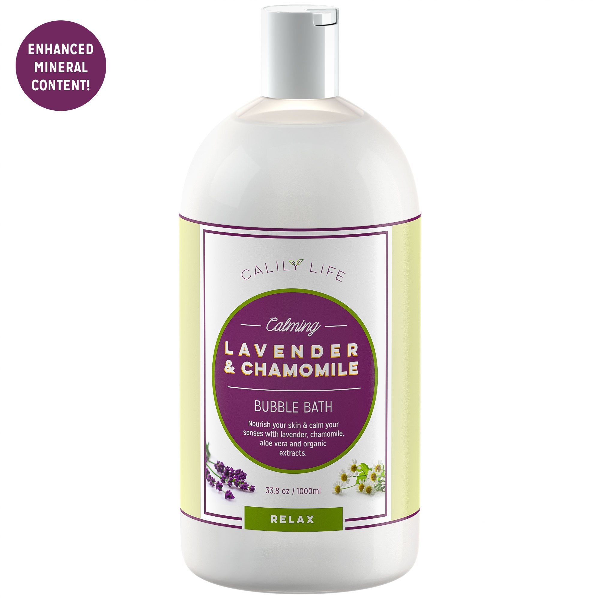Calily Life Organic Aromatherapy Lavender and Chamomile Bubble Bath, Soak and Wash, 33. 8 Oz. – Relaxes, Soothes and Nourishes - With Pure Essential Oils; Lavender, Chamomile & Aloe Vera [ENHANCED]