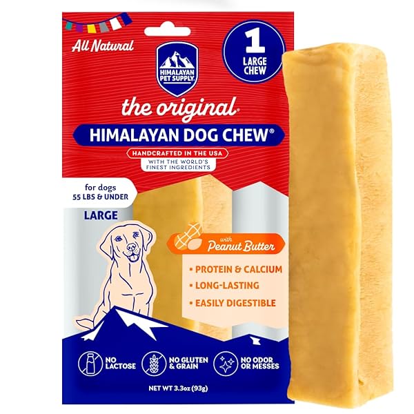 HIMALAYAN DOG CHEW ORIGINAL YAK CHEESE CHEW, PEANUT BUTTER, 1 LARGE STICK, 3.3 OZ, GLUTEN FREE, HEALTHY TREATS, GRAIN & LACTOSE FREE 100% NATURAL, LONG LASTING CHEWS FOR S UNDER 55 LBS