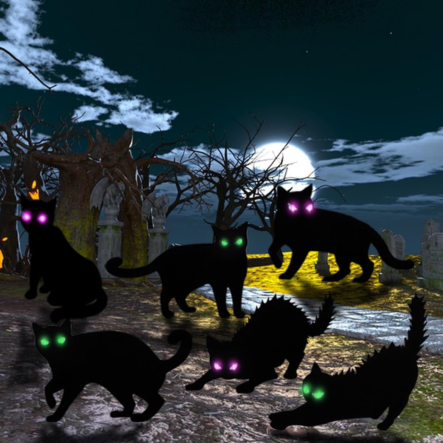 Yard Signs - 6 Pack Halloween LED Glowing Eyes Black Cat Glow in The Dark with Lights Outdoor Outside Halloween Decorations Scary Yard Signs Garden Decor Lawn for Pathway Stake Waterproof Thickened Silhouette