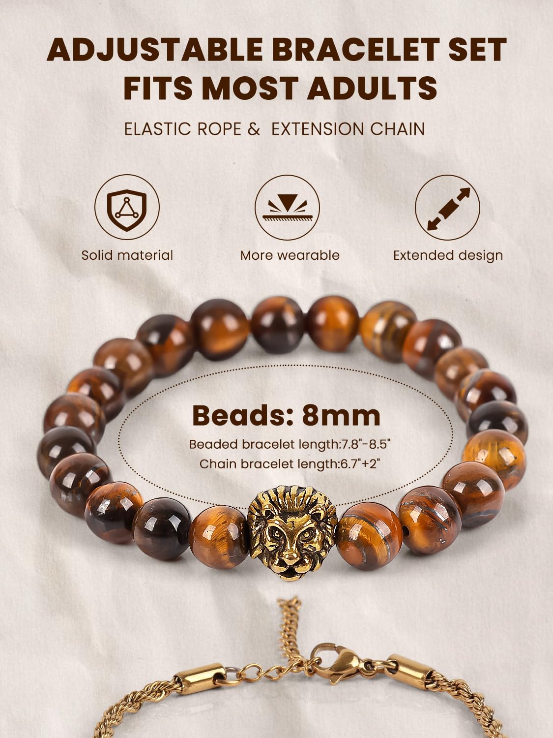 COZEFFIC Mens Beaded Bracelets Tiger Eye 8mm Natural Stone Beads Adjustable Bracelet Set, Stainless Steel Chain Link Bracelet Jewelry for Men Birthday Anniversaries Gifts Boyfriend Husband Him