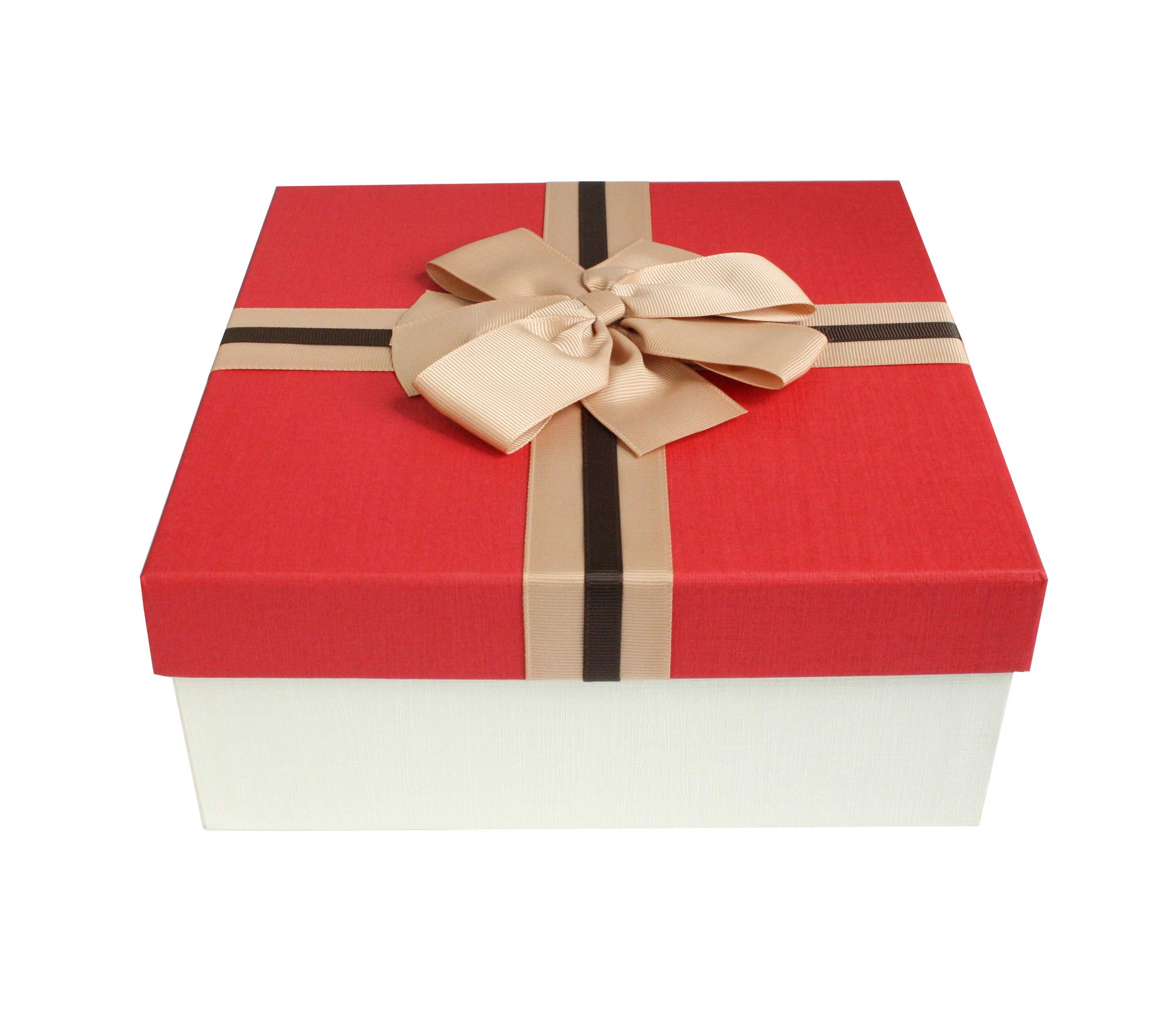 Emartbuy Cream/Red Rigid Gift Box with Ribbon โ 23.5 x 23.5 x 10 cm โ Luxury Cardboard Presentation Box | Premium Packaging for Hampers, Birthdays, Weddings, Corporate Gifting โ image 1