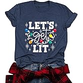 Christmas Shirts for Women Let's Get Lit Shirt Cute Lights Graphic Short Sleeve Xmas Tops Tees