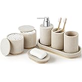 7PCS Bathroom Accessories Set, with Soap Dispenser, Q-tip Holder, Toothbrush Holder, Tumbler, Soap Dish, Vanity Tray, Complete Bathroom Accessory Set Organizer Countertop for Modern Home Decor, Beige