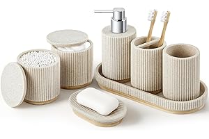 Z ZONAMA 7PCS Bathroom Accessories Set, with Soap Dispenser, Q-tip Holder, Toothbrush Holder, Tumbler, Soap Dish, Vanity Tray, Complete Bathroom Accessory Set Organizer Countertop for Modern Home Decor, Beige