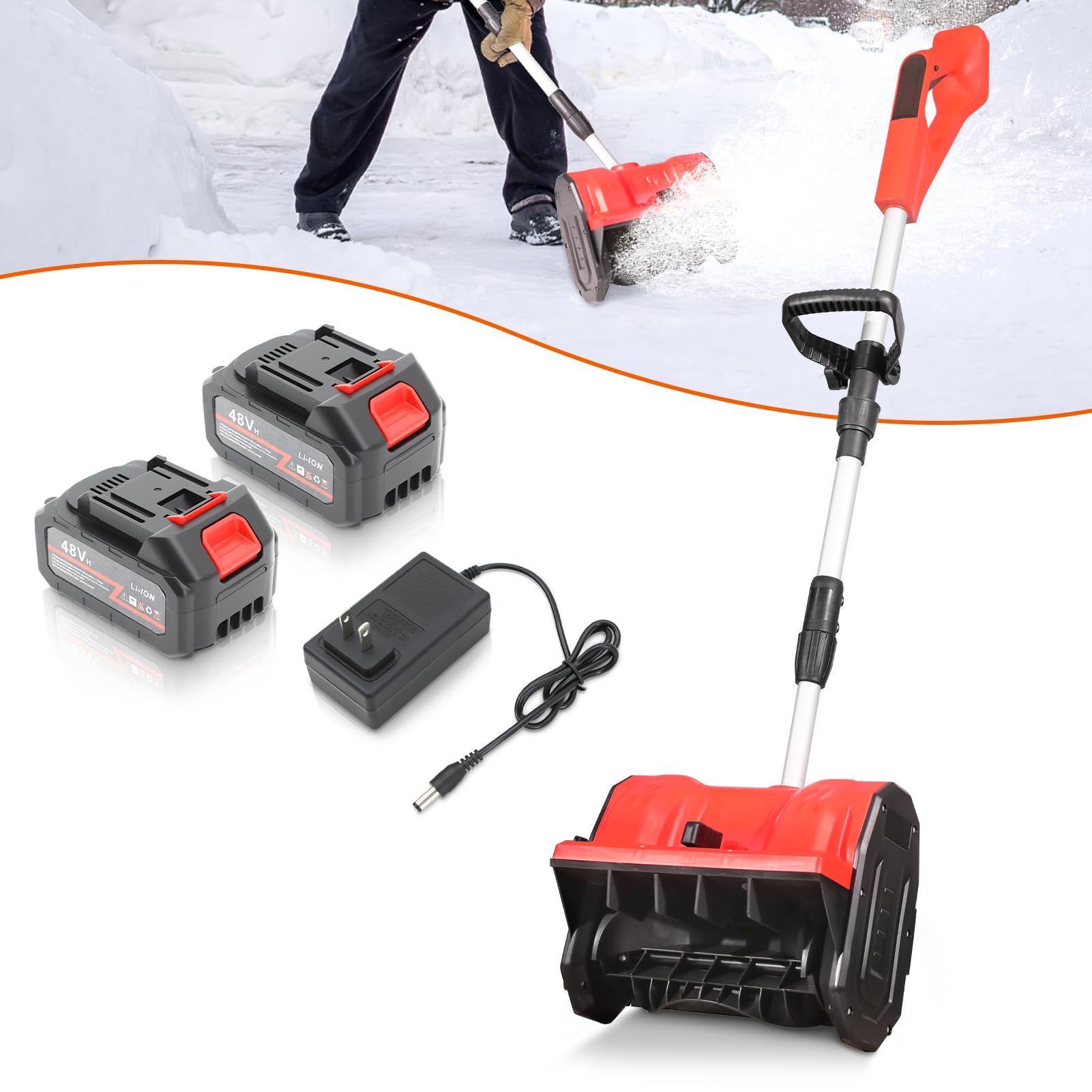 Photo 1 of 13" Cordless Snow Shovel, 2X 48V 600W Motor 4-Ah Battery Powered Snow Blower 8" Depth Electric Snow Shovel with Directional Plate Adjustable Front Handle (4-Ah Battery & Quick Charger Included) Red