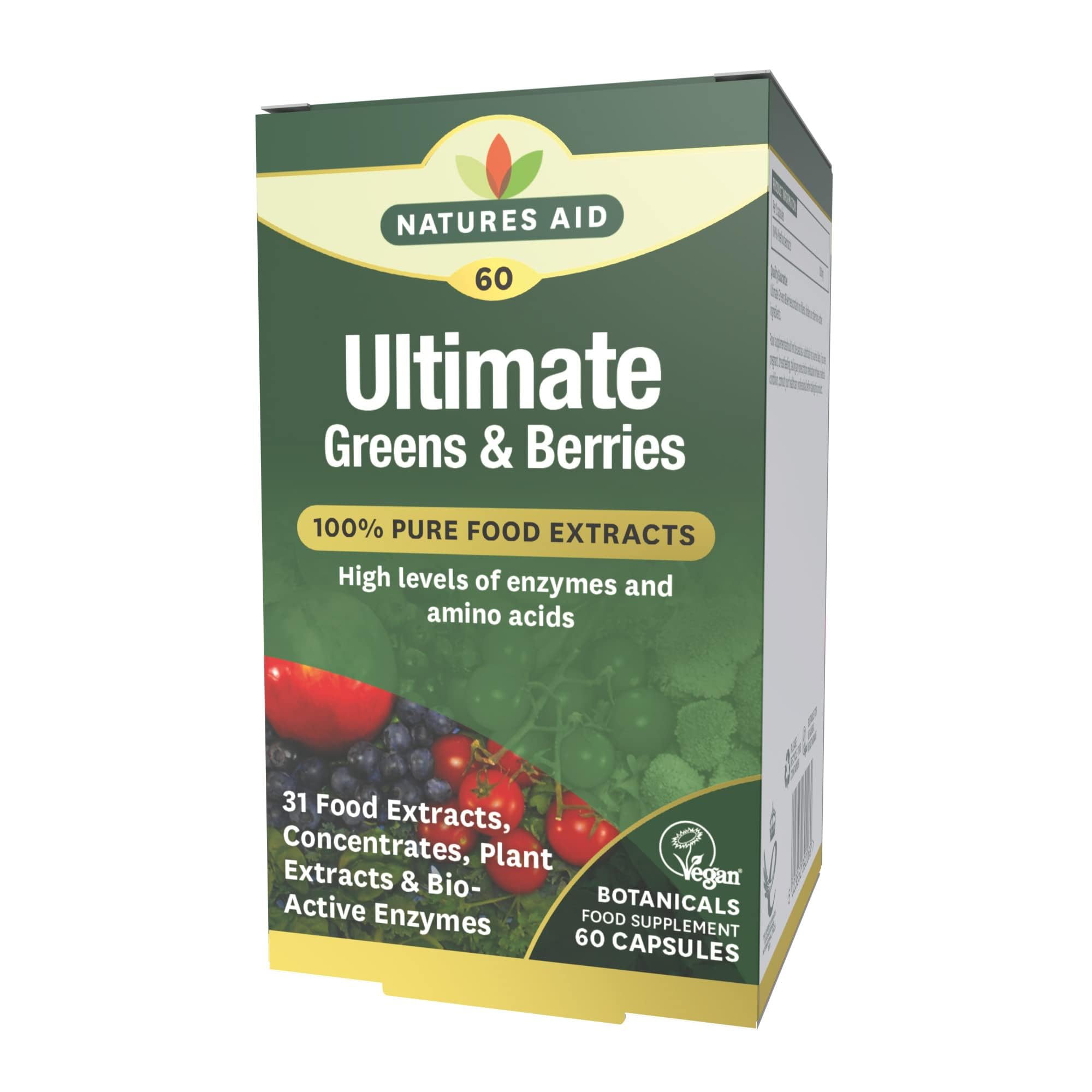 Natures Aid Ultimate Greens & Berries Capsules - Mix of 31 Fruits Berries Vegetables Mushrooms Phytonutrients and Plant Bioactive Enzymes & Amino Acids - Vegan Vegetarian Gluten Free - 60 Supplements