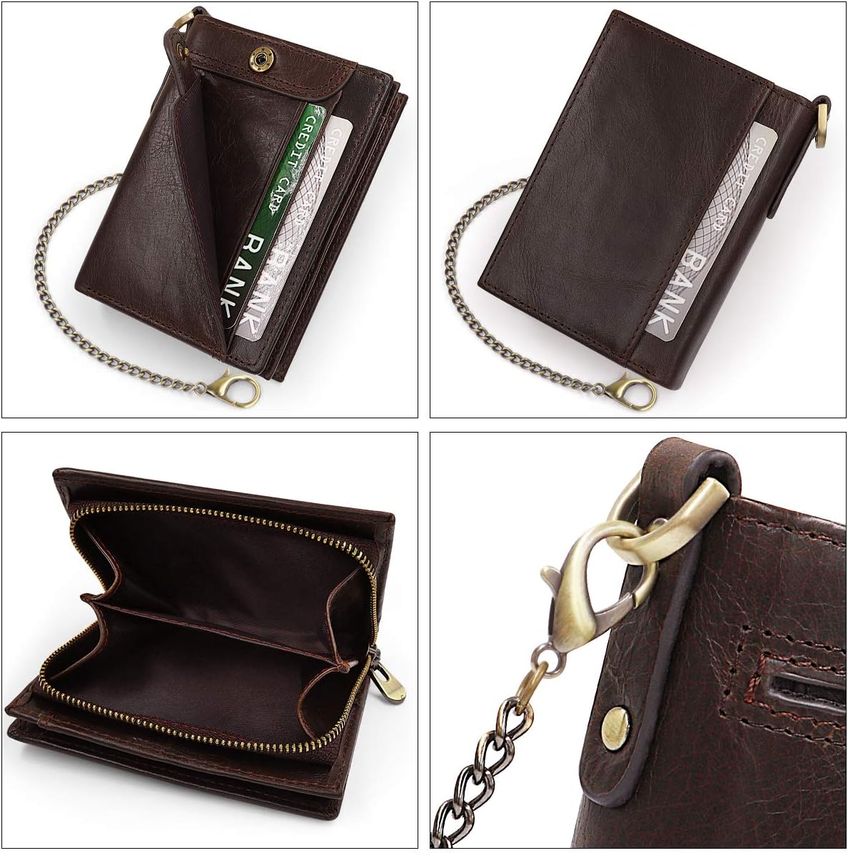 HNOOM Mens Wallet RFID Blocking Genuine Leather Wallet with Chain Bifold Slim Wallets for Men 14 Card Holder and Zipper Coin Pocket - Image 5