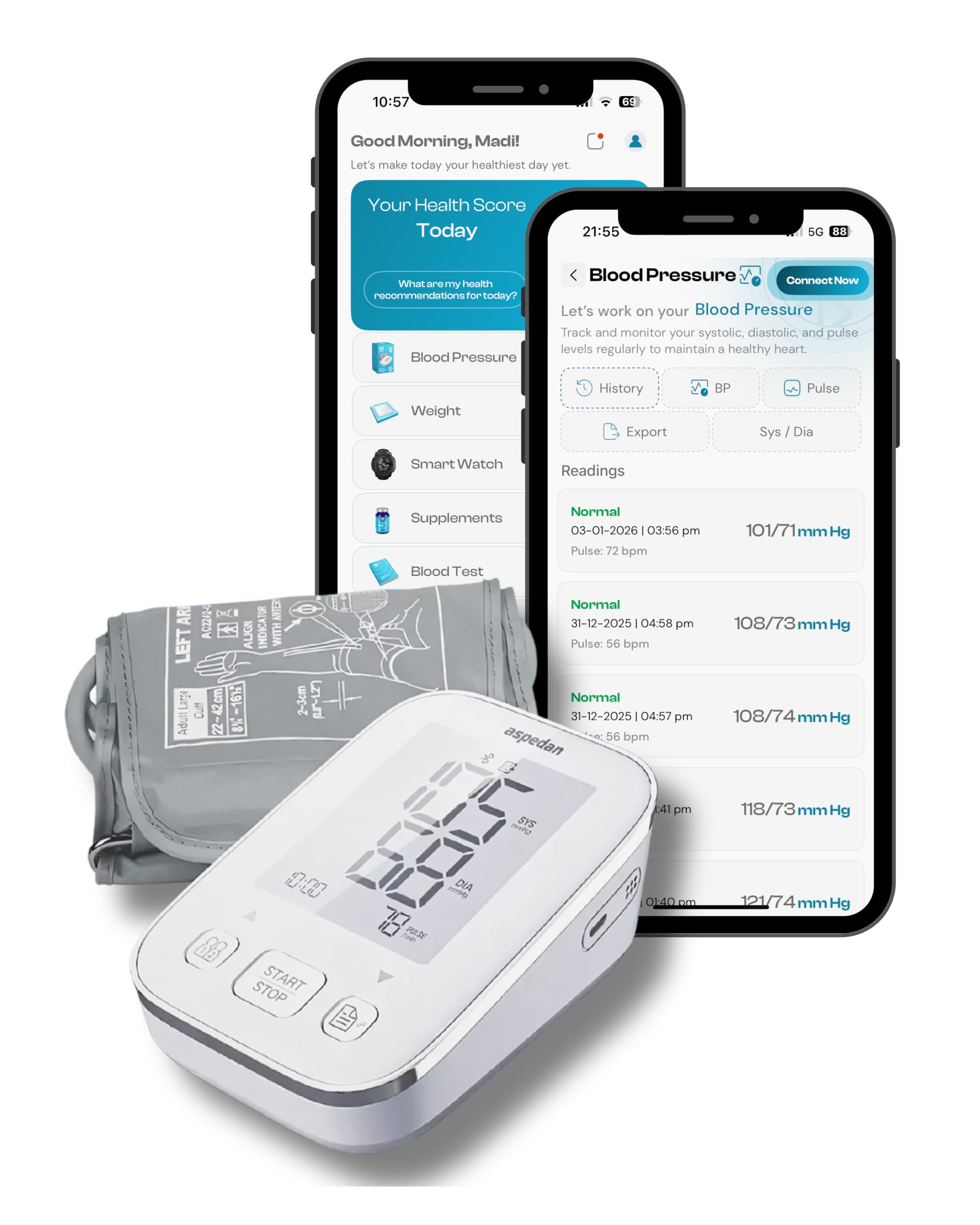 Aspedan Bluetooth Blood Pressure Monitor | Export Results | High Accuracy | Connect via Free Smartphone App | iOS/iPhone/Android/Google | Automatic Arm Cuff Home Use | Optional XL Cuff & Travel Bag