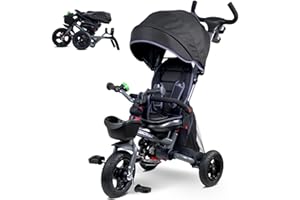 RIDYEE 7-in-1 Folding Toddler Tricycle for 18 Months to 5 Years, Tricycle Stroller with Dual Brakes, All-Terrian Rubber Tire, Tricycle for Toddlers with Rotatable Seat, Adjustable Push Handle, Grey