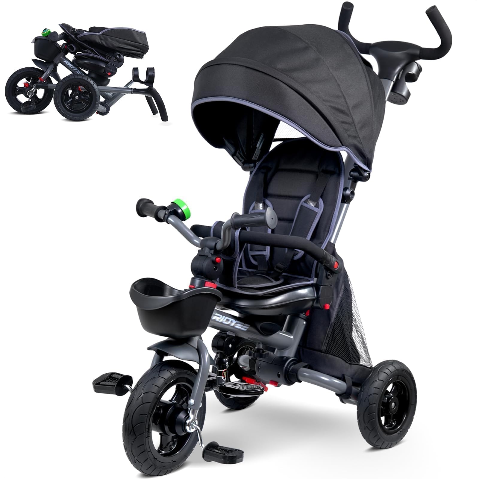 Photo 1 of RIDYEE 7-in-1 Folding Toddler Tricycle for 18 Months to 5 Years, Tricycle Stroller with Dual Brakes, All-Terrian Rubber Tire, Tricycle for Toddlers with Rotatable Seat, Adjustable Push Handle, Grey