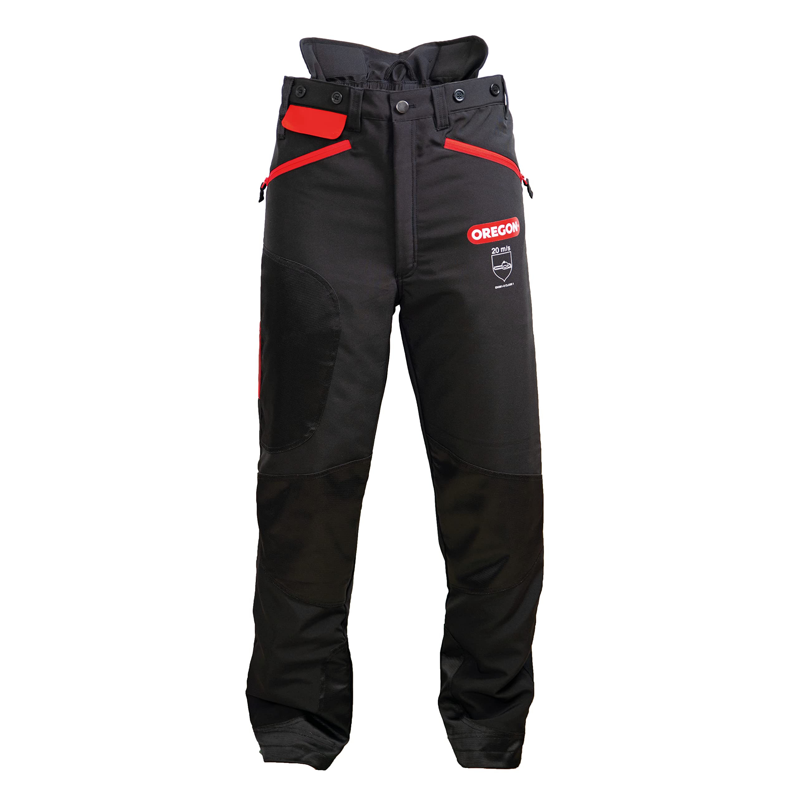 Oregon Waipoua Chainsaw Protective Safety Trousers, Type A Class 1 Chainsaw Protection, Adjustable Lightweight Breathable Re-enforced Clothing, Size 2XL / EU 58-60 - Black/Red (295466/2XL)