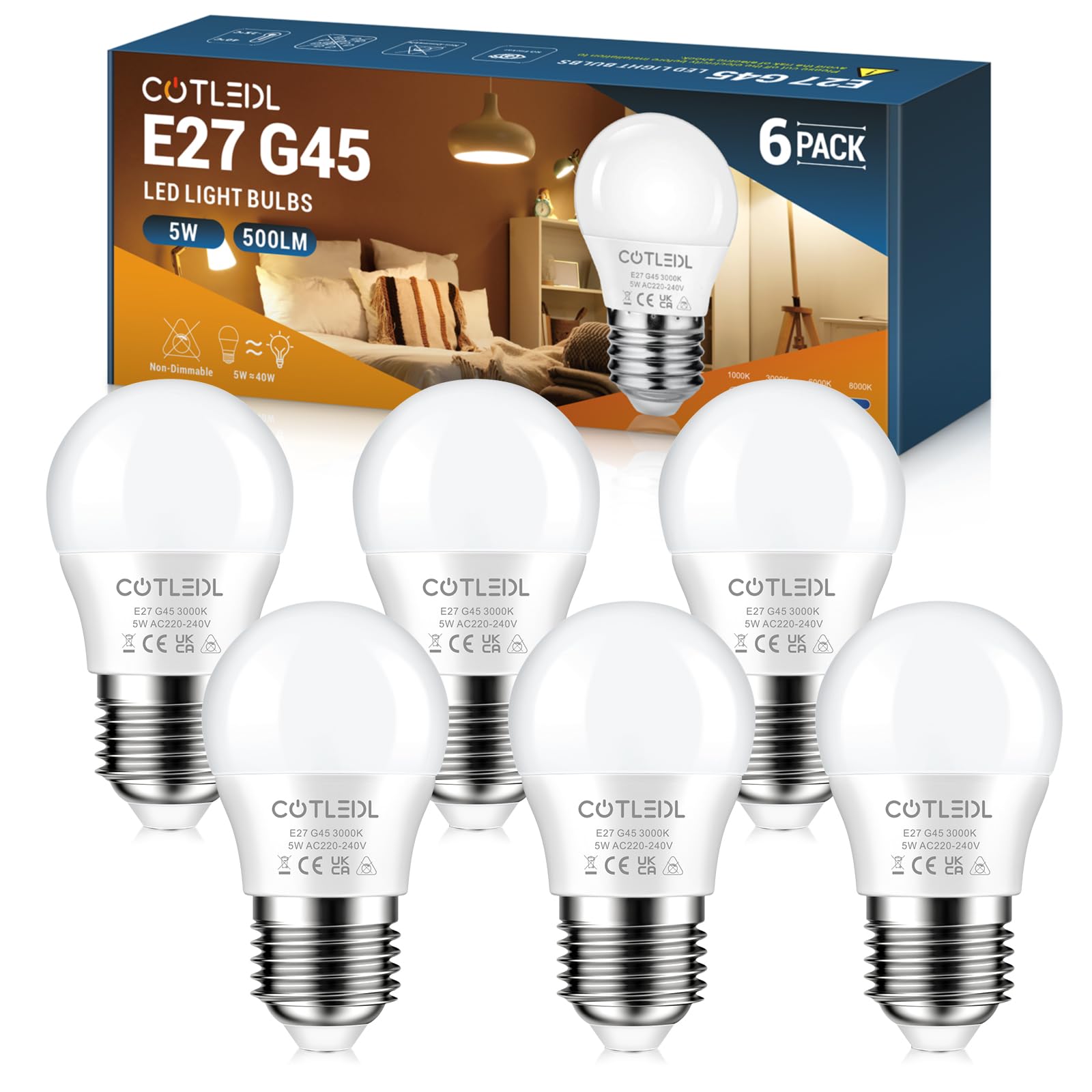 COTLEDL E27 Screw Bulbs, 5W E27 LED Lights Bulbs Equivalent to 40W Incandescent, Warm White 3000K G45 Edison Screw Bulb, 500LM Golf Ball Lamps, Energy Saving Non-Dimmable, 6 Pack