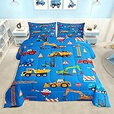 Feelyou Construction Comforter Set Boys Twin Size Blue Excavator Bedding Set with 1 Pillow Cases Kids Trucks Comforter Microfiber Construction Car Bedroom Decor Duvet Quilt Breathable Soft